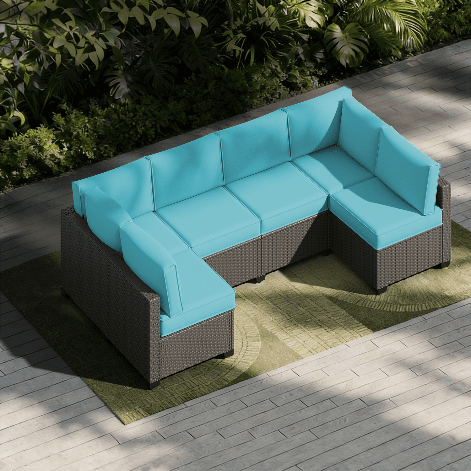 BaPiPro 6-Person Sky Blue Outdoor Sectional Sofa Cushions, Waterproof Polyester Patio Cushions with High-Density Sponge & Side Pillows, No Assembly for Backyard, Porch, Deck & Poolside