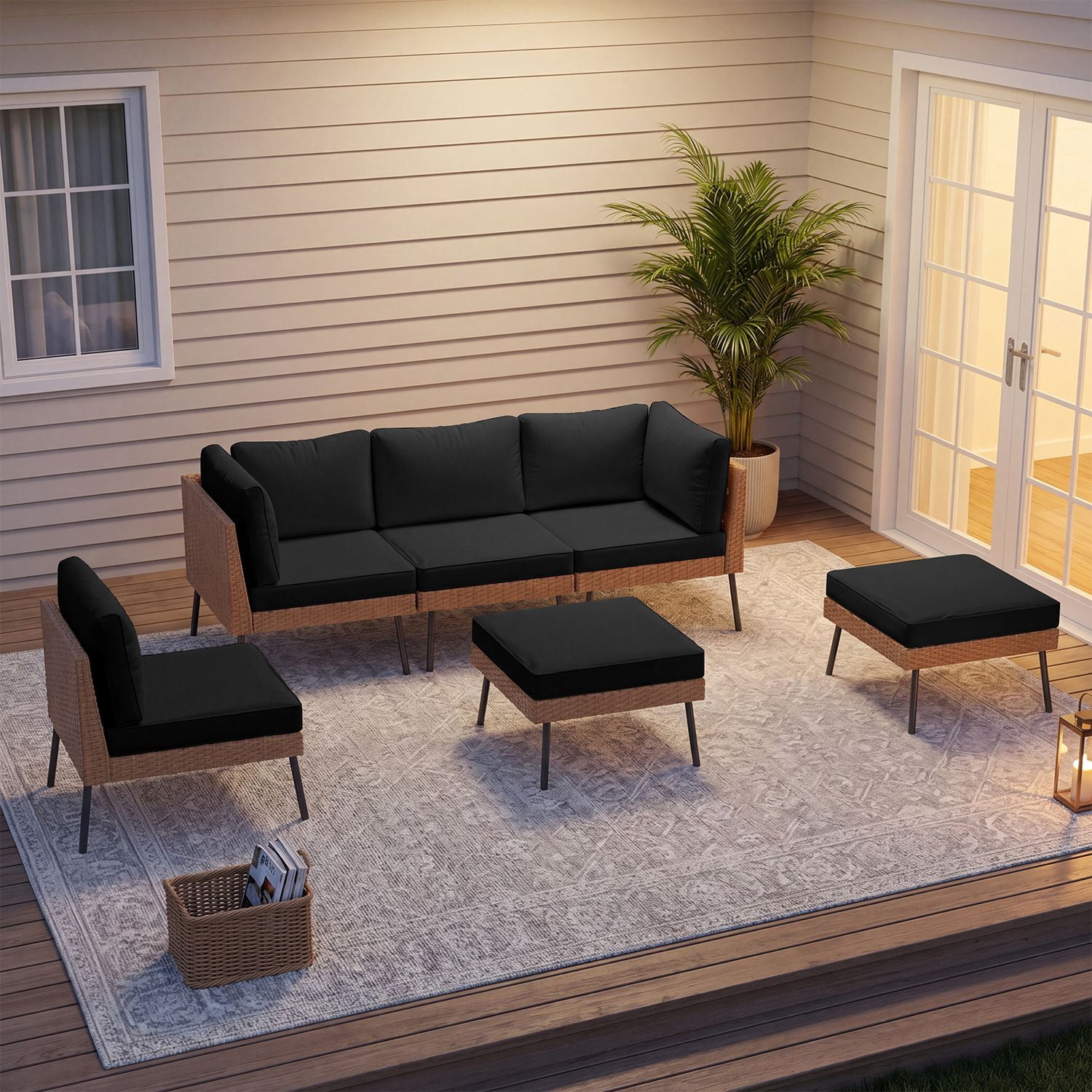 BaPiPro 6-Piece Black Wicker Patio Sectional Conversation Set, Water Resistant Thick Cushions & Coffee Table for Backyard Poolside