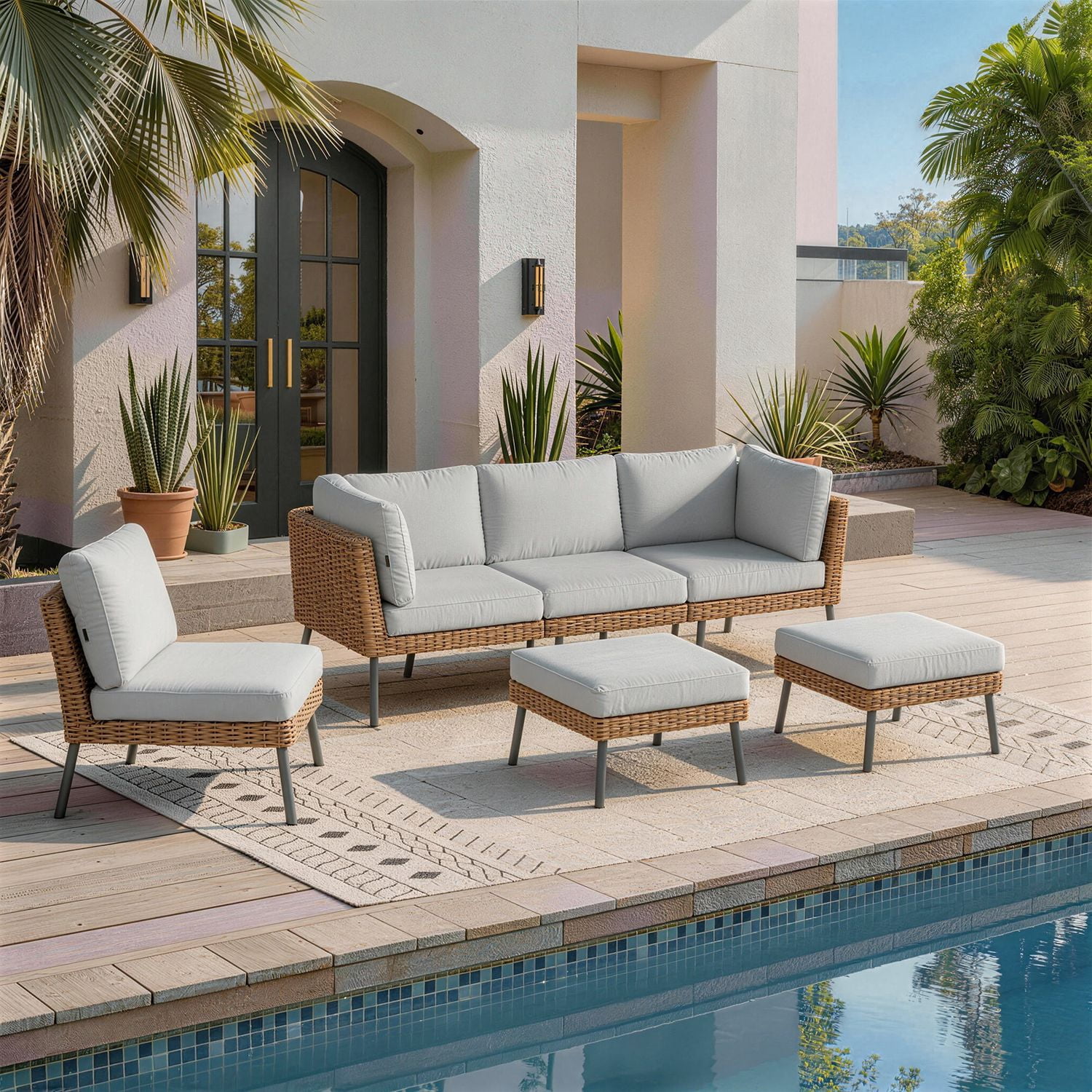 BaPiPro 6-Piece Light Gray Wicker Patio Sectional Conversation Set, Water Resistant Thick Cushions & Coffee Table for Backyard Poolside