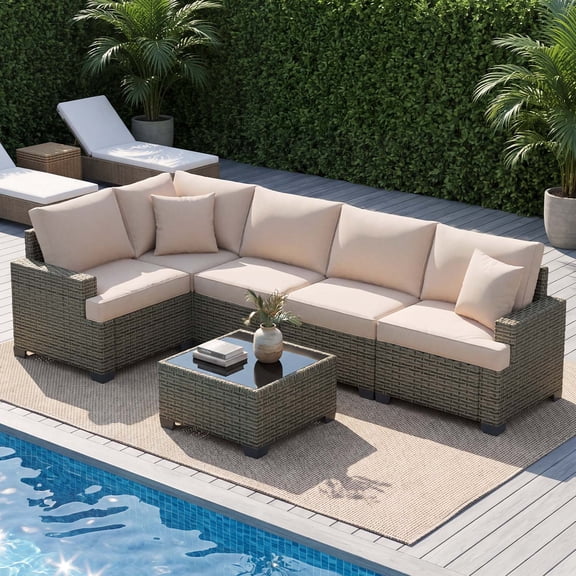 BaPiPro 6-Piece Outdoor Rattan Modular Sectional Sofa Set with High Resilience Beige Cushions and Easy-Clean Tempered Glass Coffee Table, Flexible Configuration for Garden, Backyard & Patio