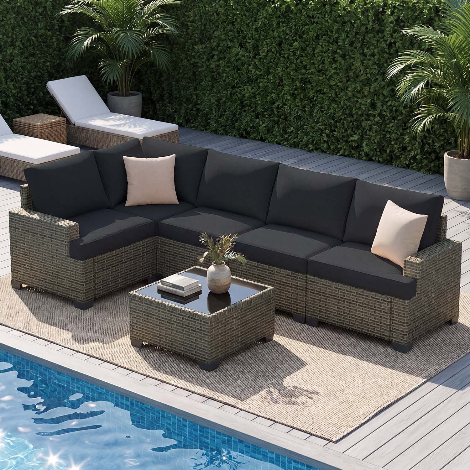 BaPiPro 6-Piece Outdoor Rattan Modular Sectional Sofa Set with High Resilience Black Cushions and Easy-Clean Tempered Glass Coffee Table, Flexible Configuration for Garden, Backyard & Patio