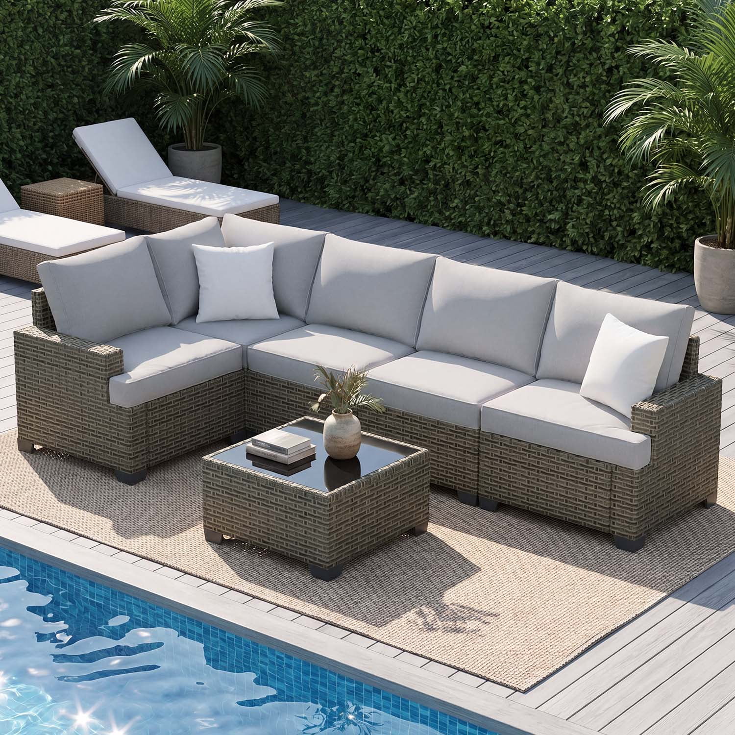 BaPiPro 6-Piece Outdoor Rattan Modular Sectional Sofa Set with High Resilience Gray Cushions and Easy-Clean Tempered Glass Coffee Table, Flexible Configuration for Garden, Backyard & Patio