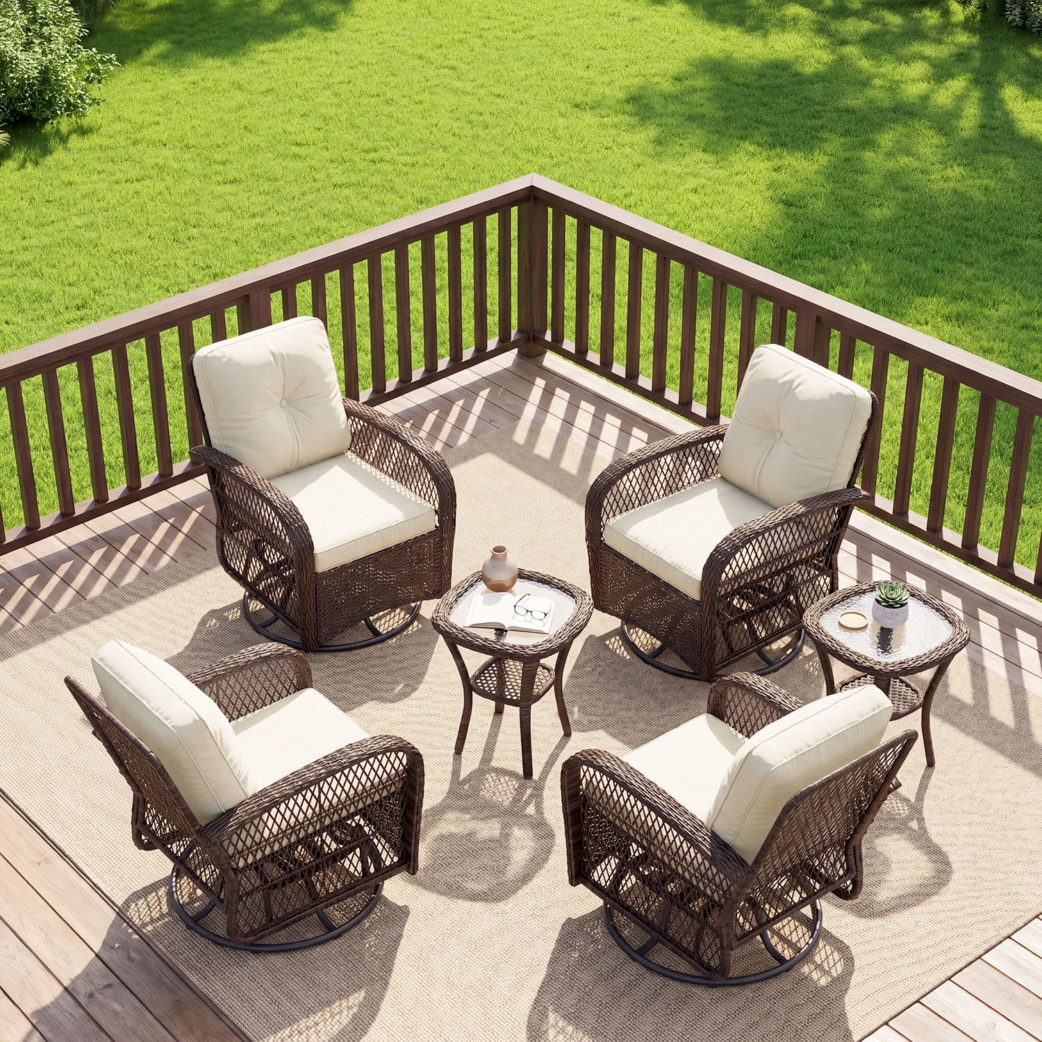 BaPiPro 6-Piece Outdoor Swivel Rocker Wicker Patio Furniture Set, All-Weather Resistant Brown Rattan Conversation Set with Beige Cushions & Tempered Glass Side Tables for Porch, Deck, Backyard