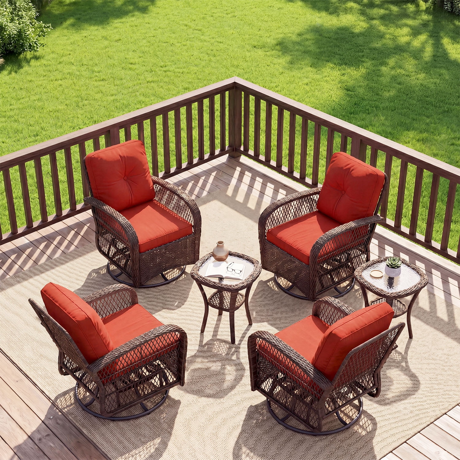 BaPiPro 6-Piece Outdoor Swivel Rocker Wicker Patio Furniture Set, All-Weather Resistant Brown Rattan Conversation Set with Wine Red Cushions & Tempered Glass Side Tables for Porch, Deck, Backyard