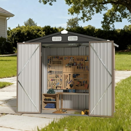 BaPiPro 6' x 4' Outdoor Storage Shed, Metal Tool Shed with Lockable Door for Backyard, Garden, Patio, Brown