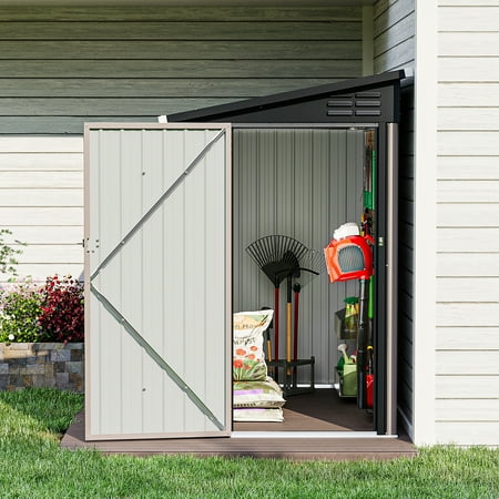 LazySunsets 6 x 4 ft Lean to Storage Shed, Outdoor Metal Storage Cabinet with Vent for Patio, Brown