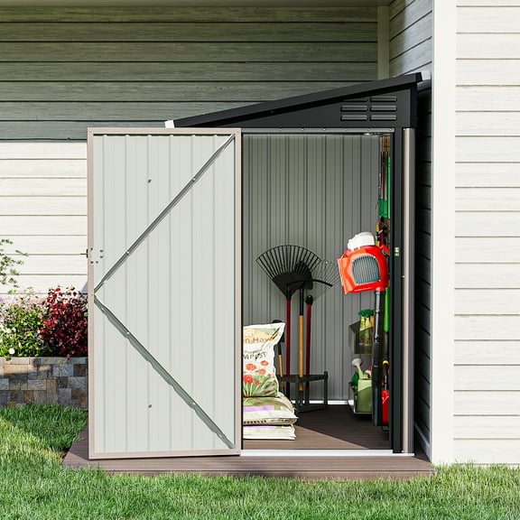 BaPiPro 6 x 4 ft Lean to Storage Shed, Outdoor Metal Storage Cabinet with Vent for Patio, Brown