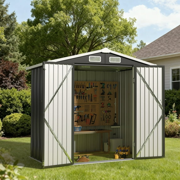 BaPiPro 6 x 4ft Metal Outdoor Storage Shed, Tool Shed with Lockable Door & Sloped Roof for Backyard & Patio, Black