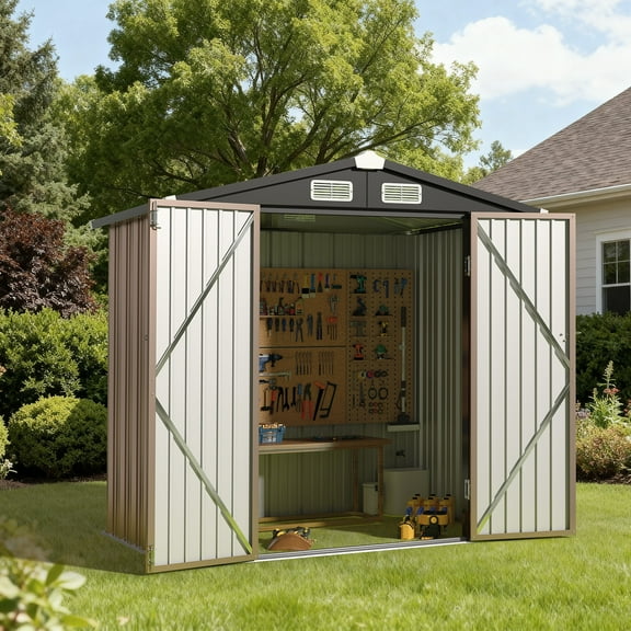 BaPiPro 6 x 4ft Metal Outdoor Storage Shed, Tool Shed with Lockable Door & Sloped Roof for Backyard & Patio, Brown