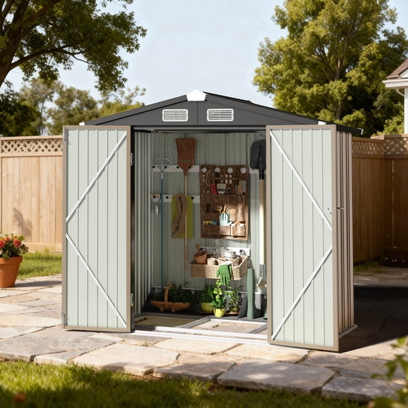 BaPiPro 6'x4' Outdoor Metal Shed with Base - Shed and Outdoor Storage for Garden Tools/Bikes/Garden Equipment, Lockable Waterproof, Brown