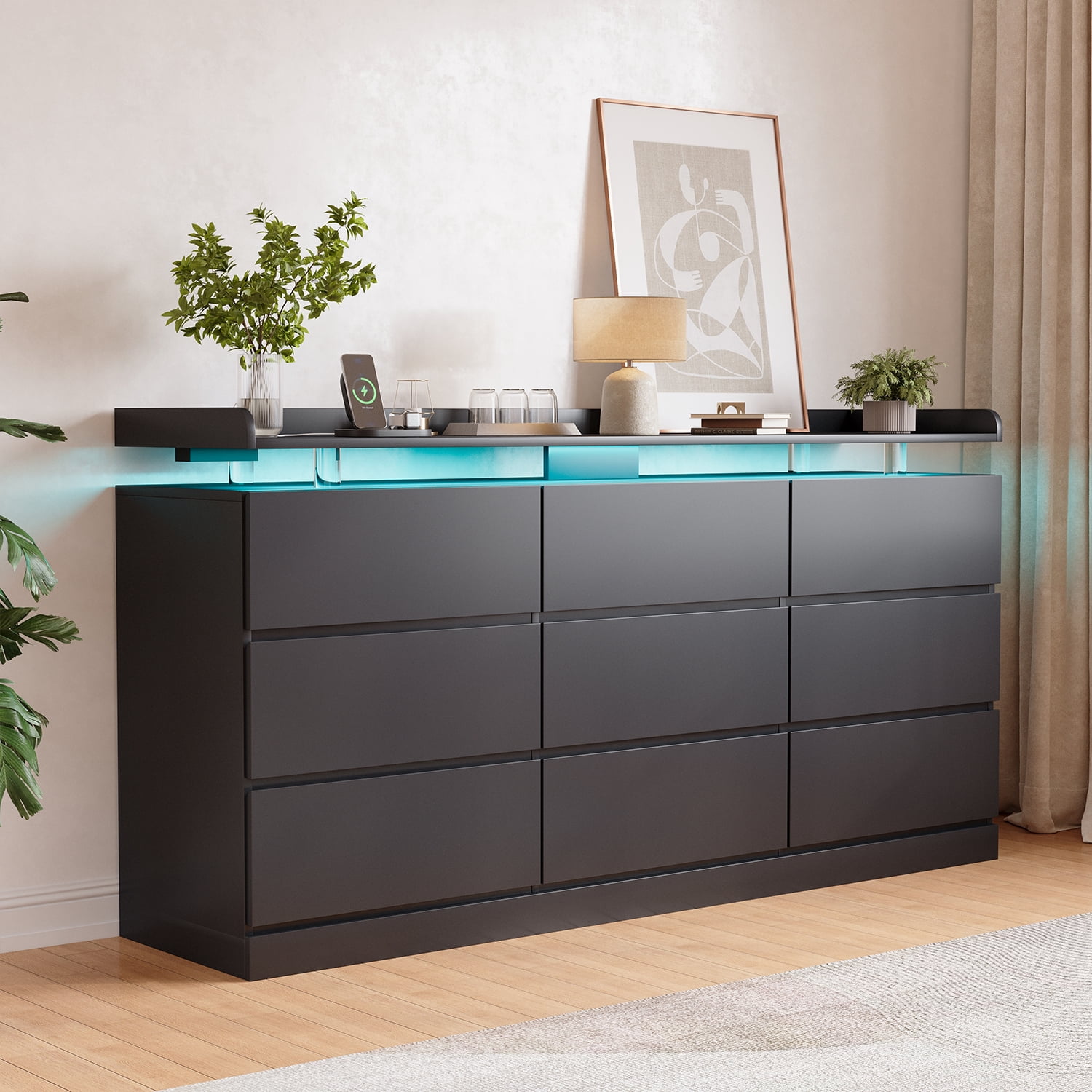 BaPiPro 63-Inch Black 9 Drawer Dresser, Modern High Gloss Chest with LED Light & Glass Tabletop, Large Capacity Storage Cabinet for Bedroom or Living Room