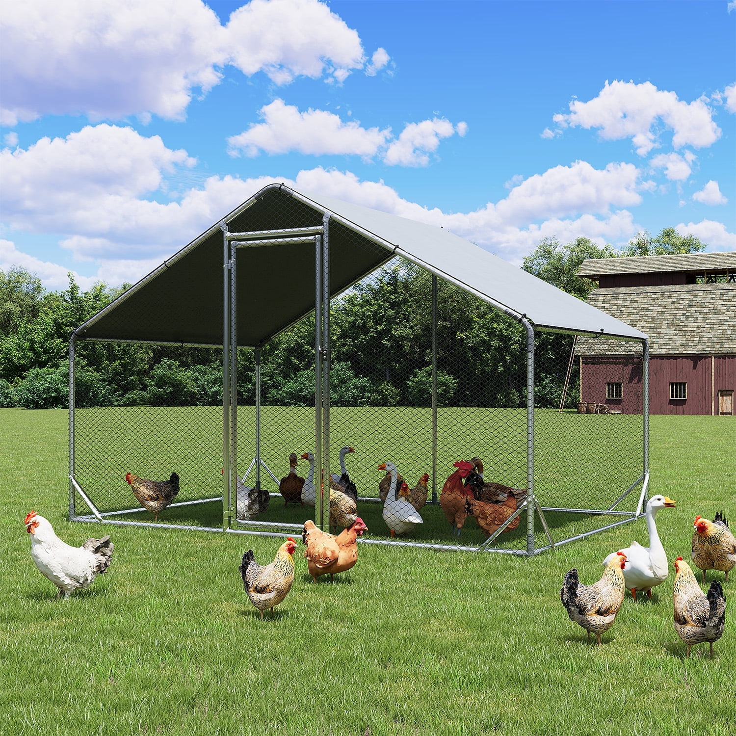 BaPiPro 65 Sq Ft Walk-In Galvanized Chicken Coop, Waterproof Spire Roof for 8-10 Chickens & Ducks Backyard