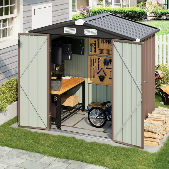 BaPiPro 6X4 ft Outdoor Metal Storage Shed with Base Frame - Updated Frame Structure Tool Shed with Lockable Door & Waterproof, for Tools, Garden Equipment/Bikes, Brown