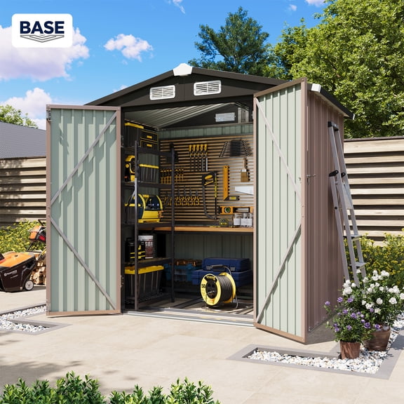 BaPiPro 6.2x4 FT Outdoor Storage Shed with Integrated Base - Heavy-Duty Metal Garden Tool Shed with Vents & Secure Locking Doors, Brown