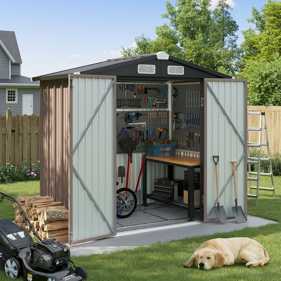 BaPiPro 6x4 ft Outdoor Storage Shed with Base, Metal Tool Shed with Lockable, Waterproof, Brown