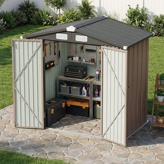 BaPiPro 6x4 FT Outdoor Storage Shed, Metal Shed Lockable Garden Tool Shed for Lawn Mower & Bike, Weather Resistant Patio Backyard Storage Cabinet, Brown