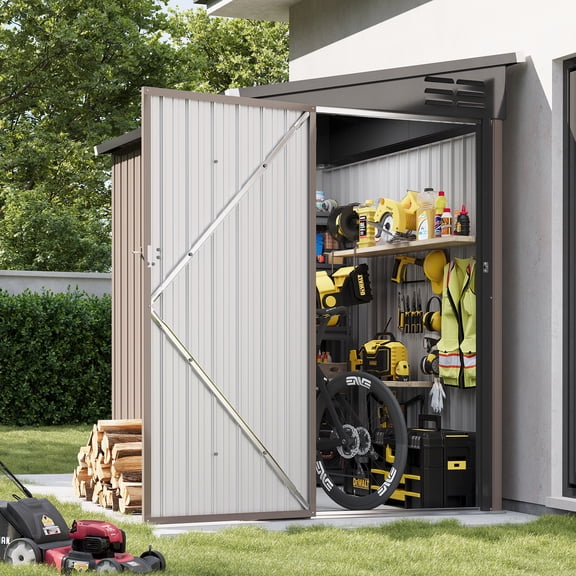 BaPiPro 6x4 ft Outdoor Metal Storage Shed, Lean-To Shed with Lockable Door, Garden Tool Shed for Patio, Backyards, Brown