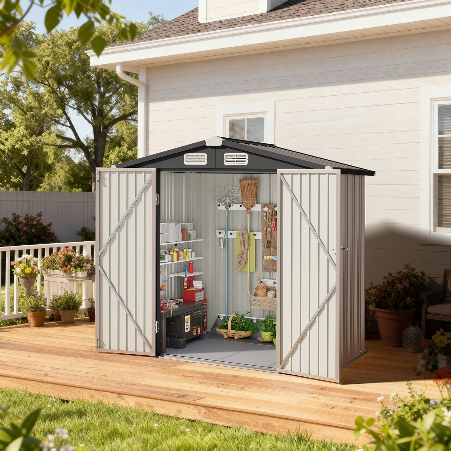 BaPiPro 6x4FT Brown Metal Storage Shed with Solid Floor, Gable Roof & Double Doors