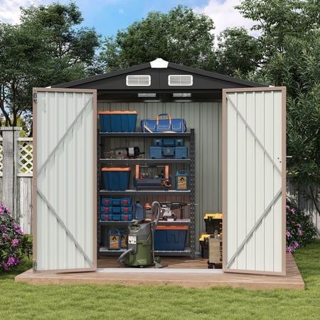 BaPiPro 6x4ft Outdoor Metal Storage Shed, Heavy Duty Garden Tool Shed with Lockable Doors for Patio, Backyard, Brown