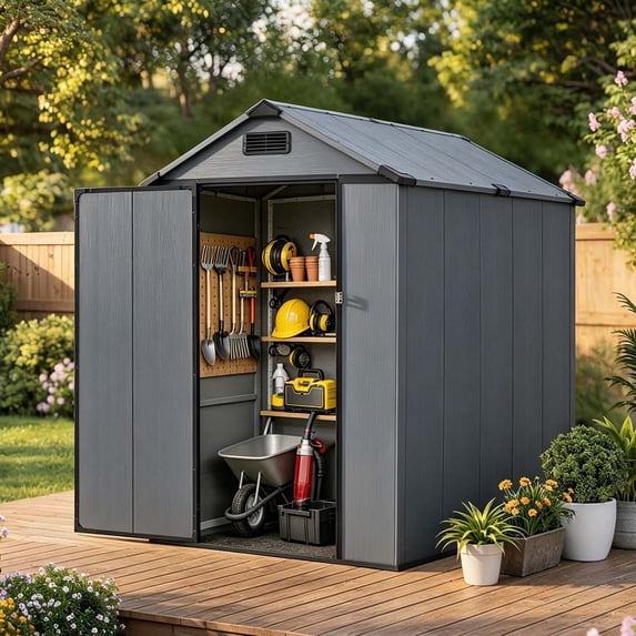 BaPiPro 6'x4' Resin Storage Shed, Heavy Duty Plastic Outdoor Shed with Floor, Metal Frame, Lockable Door, Weatherproof for Backyard, Garden, Patio, Gray