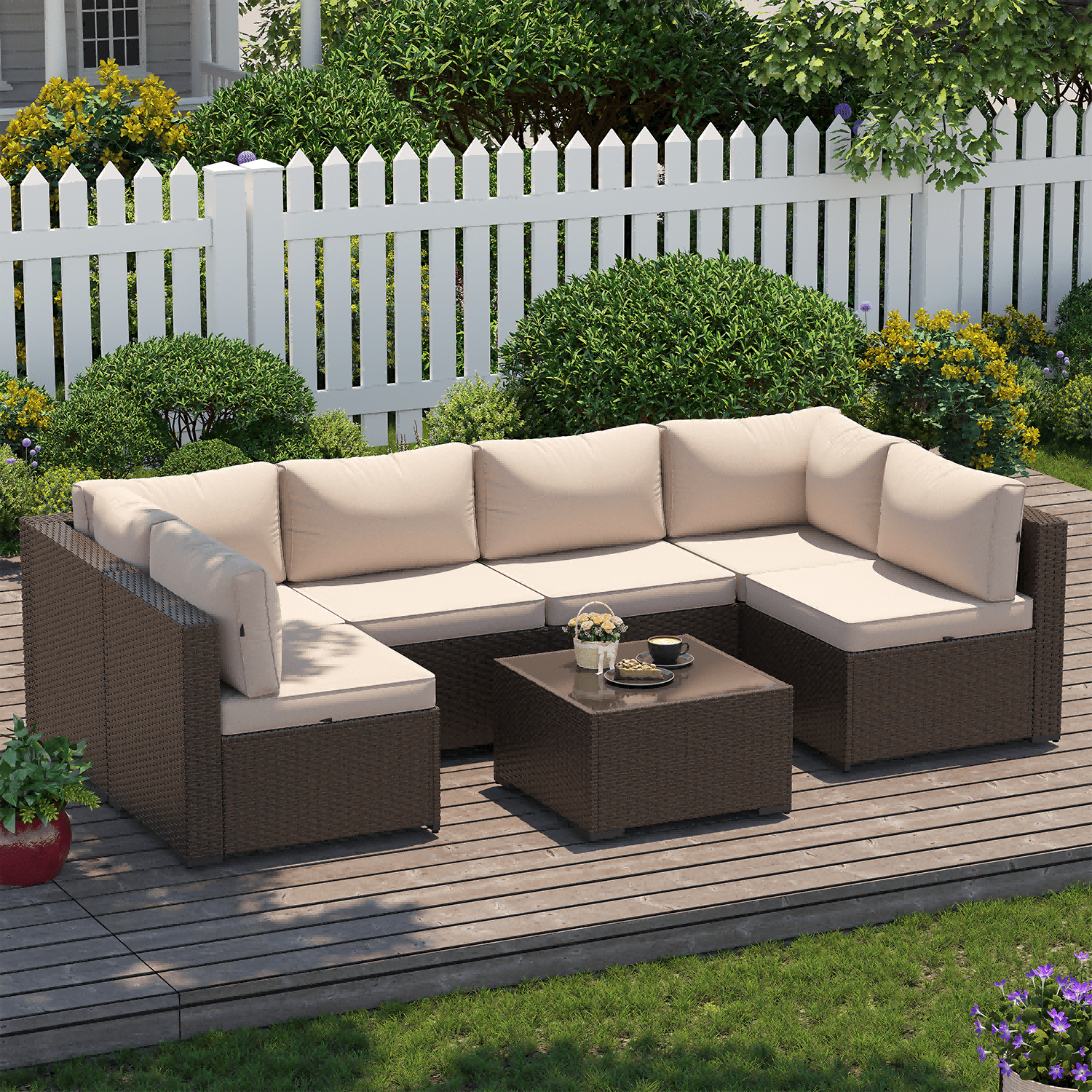 BaPiPro 7 Pcs Patio Conversation Set, Rattan Wicker Furniture Sets, Outdoor Sectional Sofa with Brown Rattan & Thickened Cushion, Beige