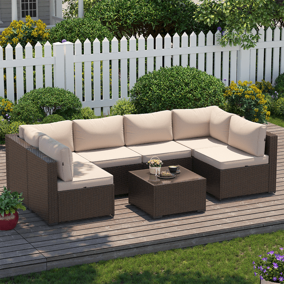 BaPiPro 7 Pcs Patio Conversation Set, Rattan Wicker Furniture Sets, Outdoor Sectional Sofa with Brown Rattan & Thickened Cushion, Beige