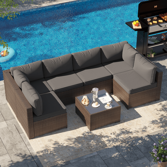 BaPiPro 7 Pcs Patio Conversation Set, Rattan Wicker Furniture Sets, Outdoor Sectional Sofa with Brown Rattan & Thickened Cushion, Dark Gray