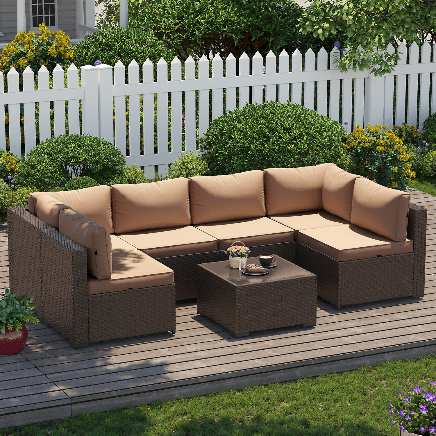 BaPiPro 7 Pcs Patio Conversation Set, Rattan Wicker Furniture Sets, Outdoor Sectional Sofa with Brown Rattan & Thickened Cushion, Khaki