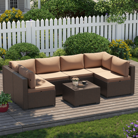 BaPiPro 7 Pcs Patio Conversation Set, Rattan Wicker Furniture Sets, Outdoor Sectional Sofa with Brown Rattan & Thickened Cushion, Khaki