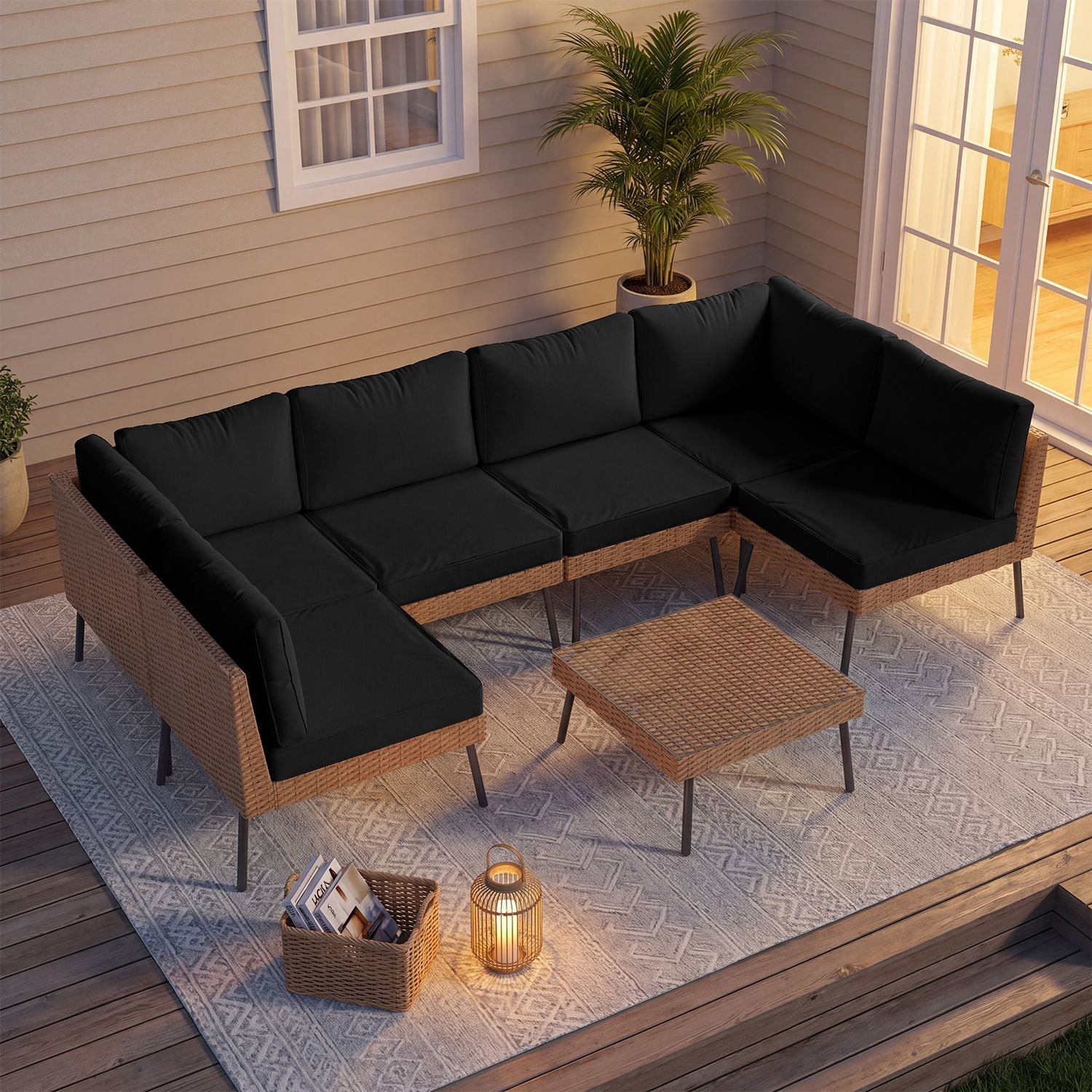 BaPiPro 7-Piece Black Wicker Patio Sectional Conversation Set, Water Resistant Thick Cushions & Coffee Table for Backyard Poolside