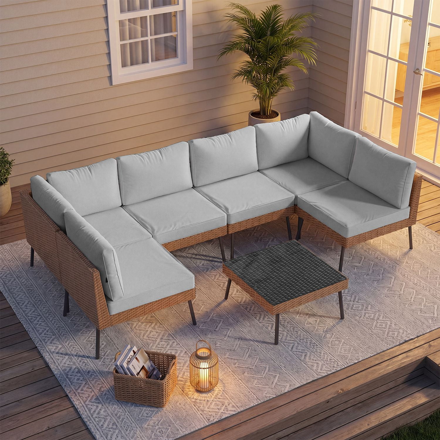 BaPiPro 7-Piece Light Gray Wicker Patio Sectional Conversation Set, Water Resistant Thick Cushions & Coffee Table for Backyard Poolside