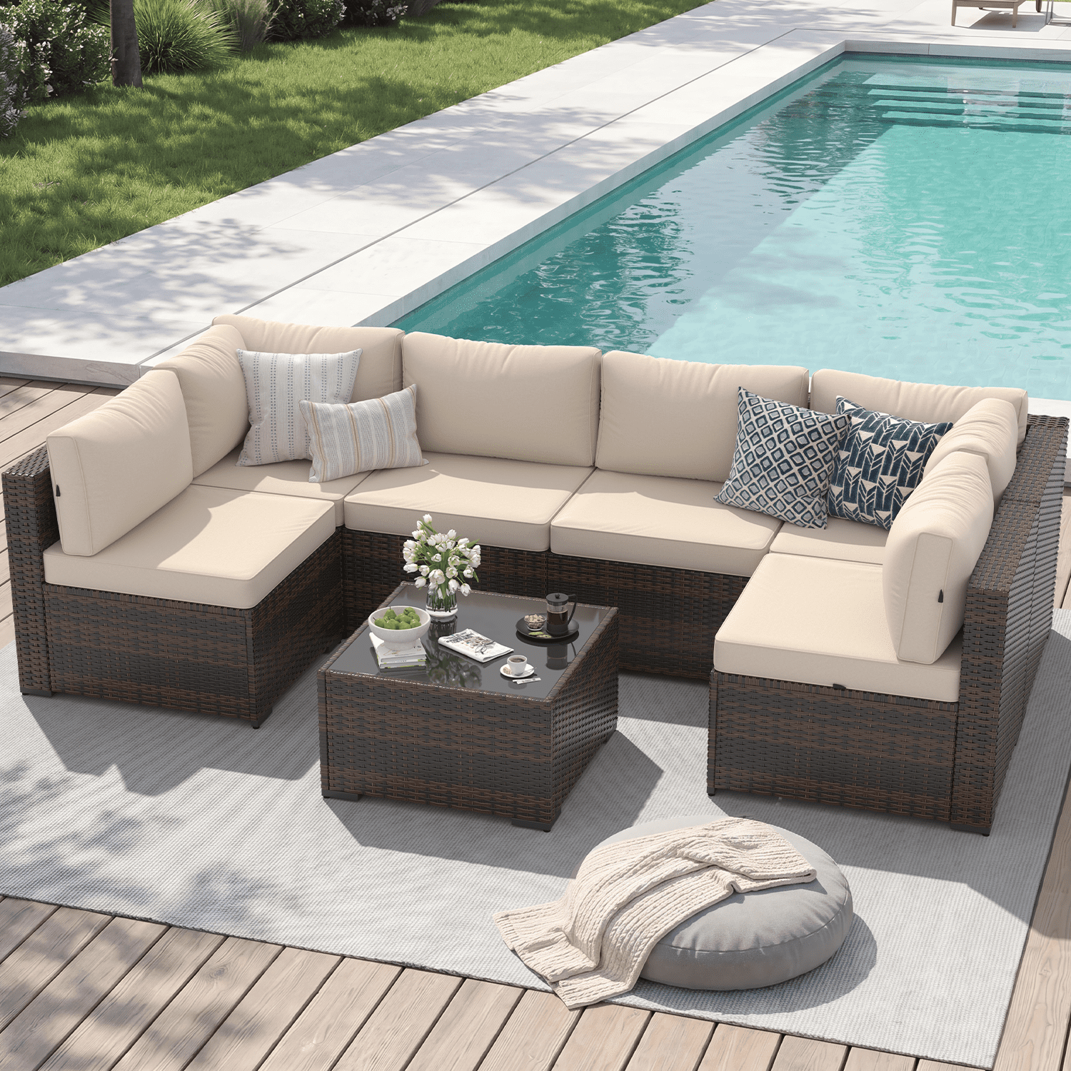 BaPiPro 7-Piece Modular All-Weather Patio Furniture Set, Brown Rattan Wicker Outdoor Sectional Sofa with Thickened Beige Cushions & Tempered Glass Coffee Table for Backyard Porch Deck Balcony