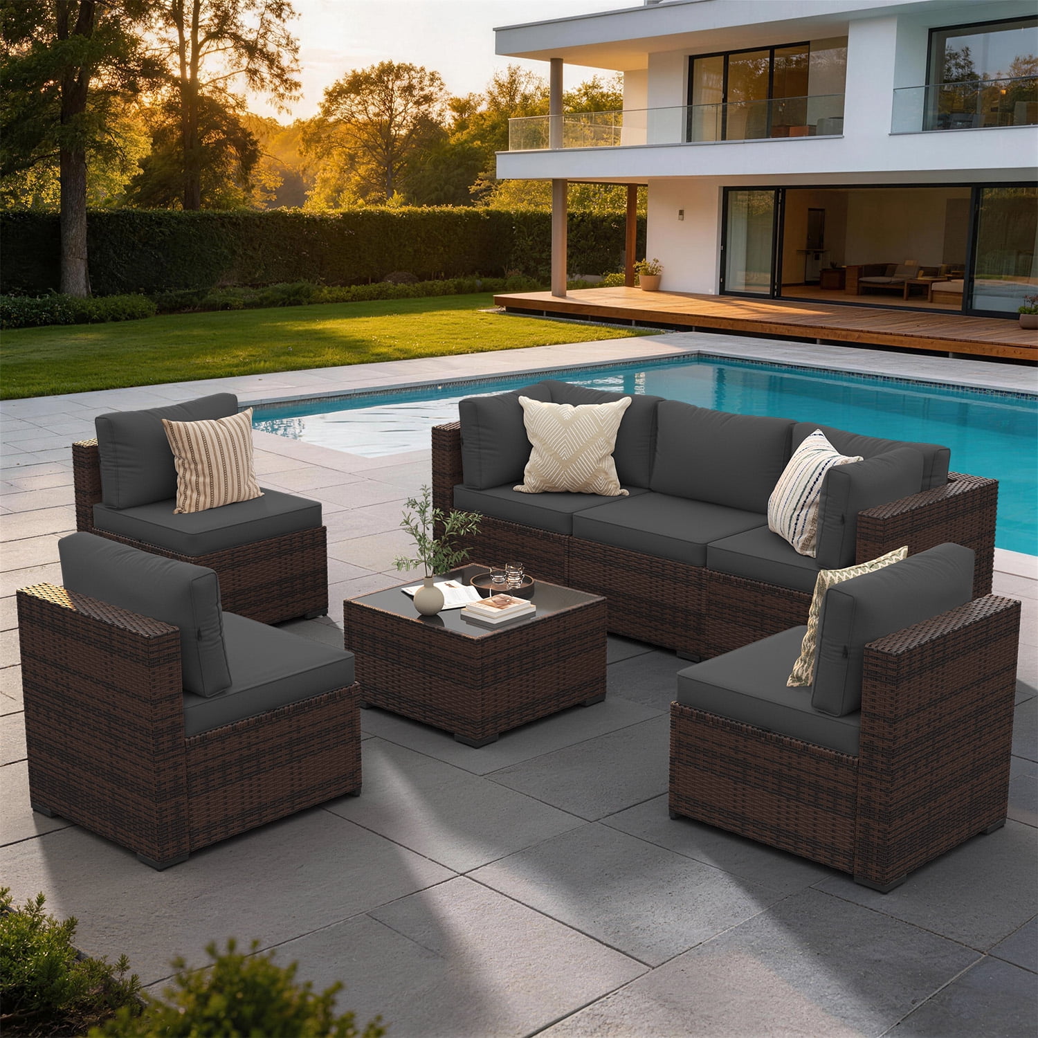 BaPiPro 7‑Piece Modular All‑Weather Patio Furniture Set, Brown Rattan Wicker Outdoor Sectional Sofa with Thickened Dark Gray Cushions & Tempered Glass Coffee Table for Backyard Porch Deck Balcony
