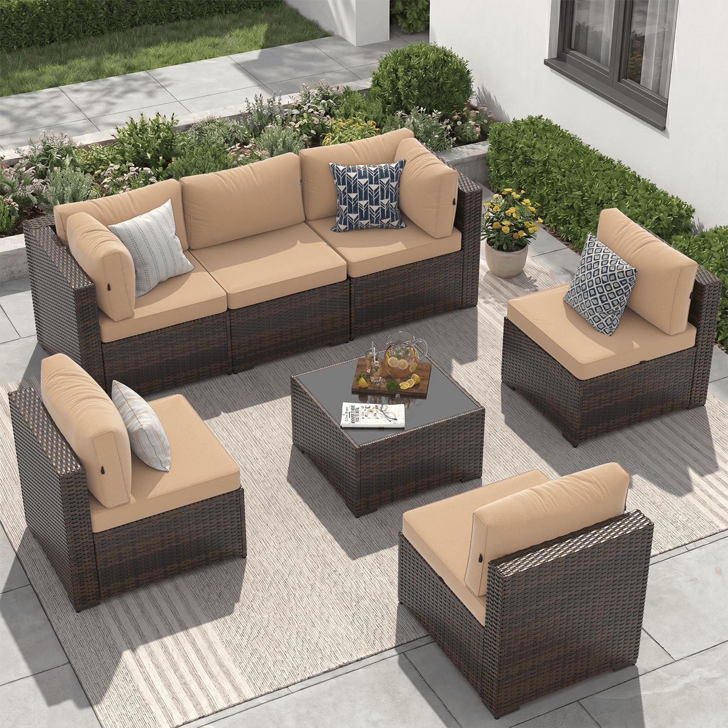 BaPiPro 7‑Piece Modular All‑Weather Patio Furniture Set, Brown Rattan Wicker Outdoor Sectional Sofa with Thickened Khaki Cushions & Tempered Glass Coffee Table for Backyard Porch Deck Balcony