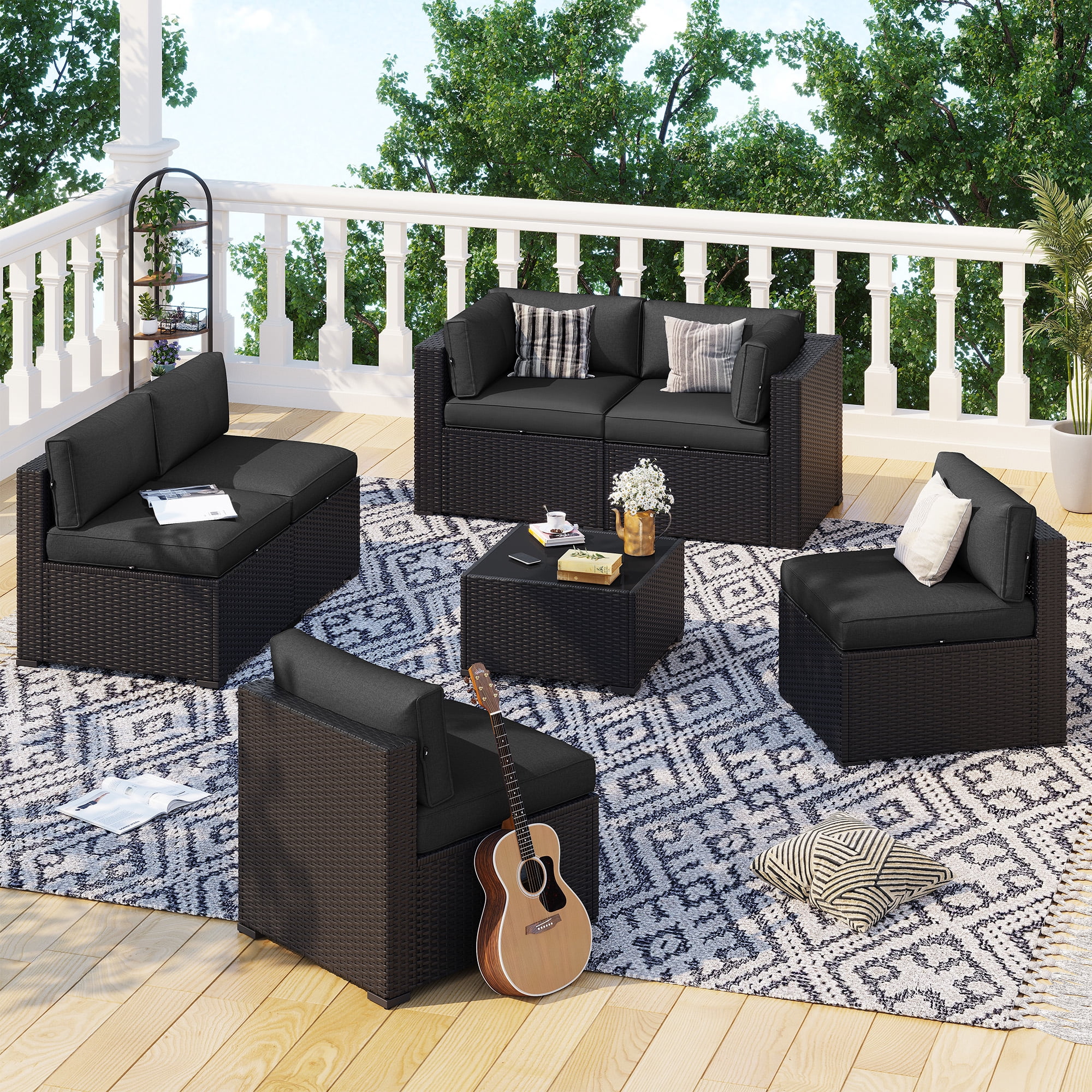 BaPiPro 7‑Piece Modular Outdoor Patio Furniture Set, Black Wicker Sectional Sofa with Thickened Black Cushions & Coffee Table, All‑Weather for Backyard, Porch, Deck & Balcony