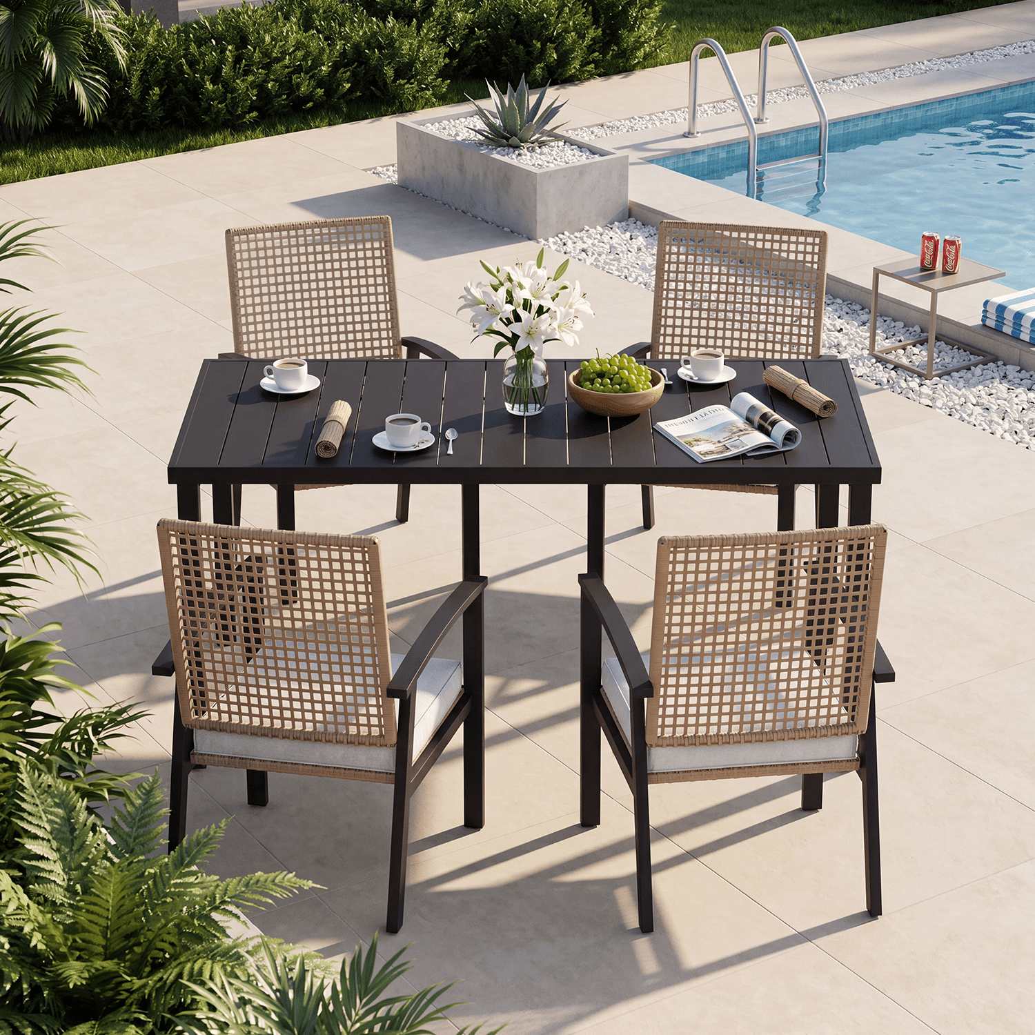 BaPiPro 5‑Piece Outdoor Patio Dining Set, Wood Grain Steel Table with Umbrella Hole, 4 PE Rattan Armchairs with Soft Cushions, Heavy‑Duty Rust‑Resistant Frame for Garden Backyard Poolside