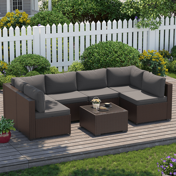 BaPiPro 7‑Piece Modular Outdoor Patio Furniture Set, Brown Wicker Sectional Sofa with Thickened Dark Gray Cushions & Coffee Table, All‑Weather for Backyard, Porch, Deck & Balcony