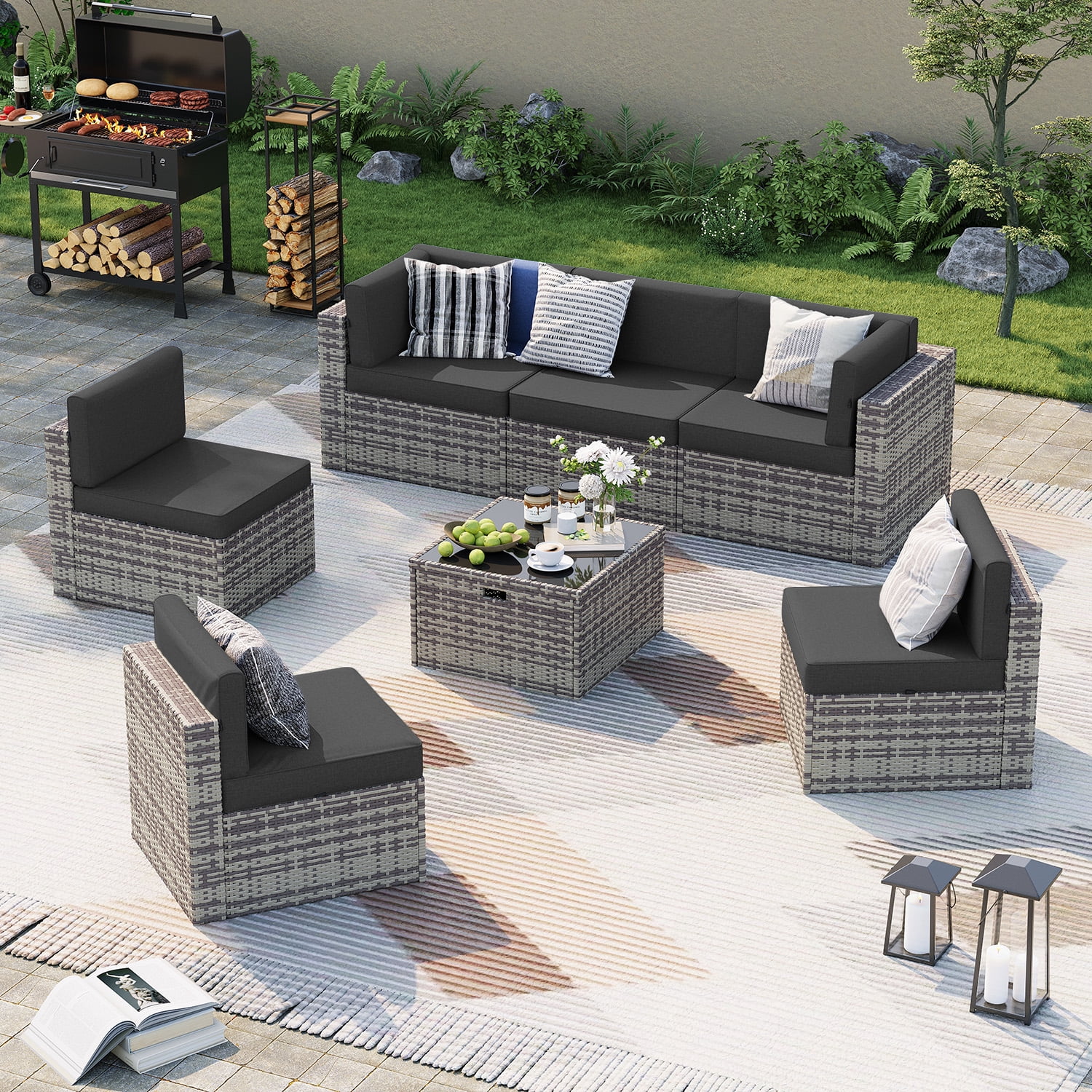 BaPiPro 7‑Piece Modular Outdoor Patio Furniture Set, Gray Wicker Sectional Sofa with Thickened Black Cushions & Coffee Table, All‑Weather for Backyard, Porch, Deck & Balcony