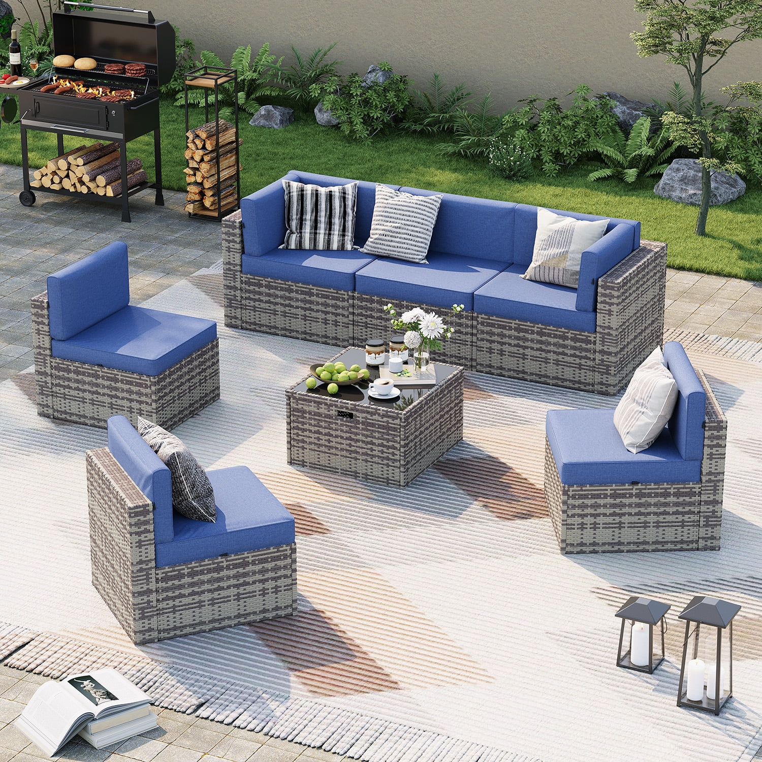 BaPiPro 7‑Piece Modular Outdoor Patio Furniture Set, Gray Wicker Sectional Sofa with Thickened Navy Blue Cushions & Coffee Table, All‑Weather for Backyard, Porch, Deck & Balcony