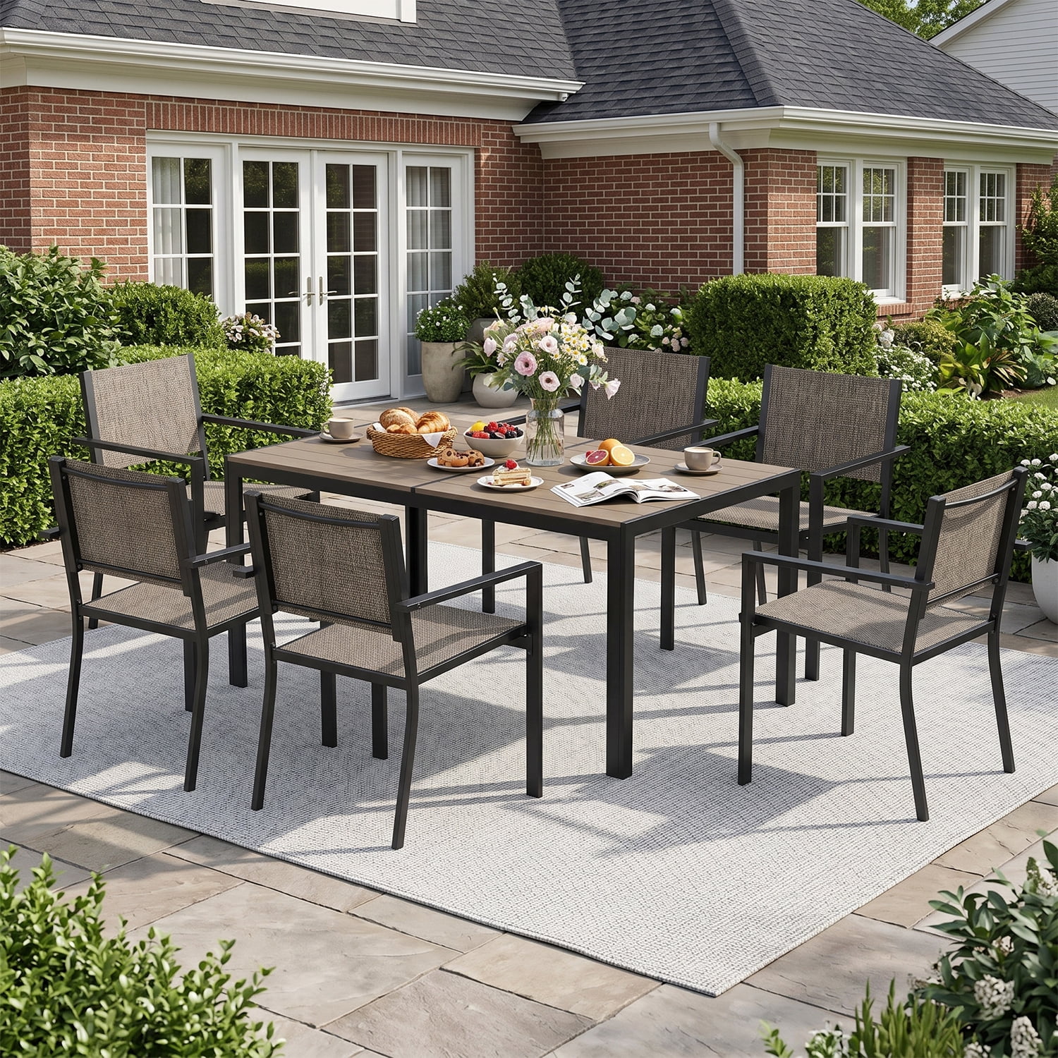 BaPiPro 7-Piece Patio Dining Set, Textilene Outdoor Table and Chairs Set for 6, Weather-Resistant Furniture for Garden, Deck, Backyard, Brown