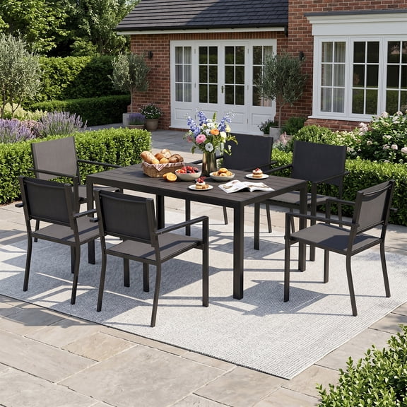 BaPiPro 7-Piece Patio Dining Set, Textilene Outdoor Table and Chairs Set for 6, Weather-Resistant Furniture for Garden, Deck, Backyard, Gray