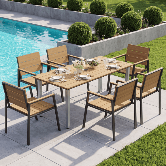 BaPiPro 7-Piece Outdoor Patio Dining Set for 6, Rust-Free HDPS Aluminum Patio Table and Chairs with Umbrella Hole, Heavy Duty All Weather Fade Resistant Maintenance Free Backyard Furniture, Yellow