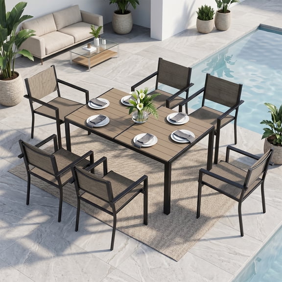 BaPiPro 7-Piece Outdoor Patio Dining Set, 6-Seater Textilene Table & Chairs, Weatherproof Heavy Duty Patio Furniture for Garden Deck Backyard, Brown