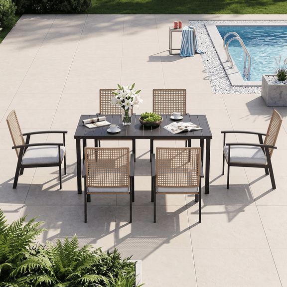 BaPiPro 7-Piece Outdoor Patio Dining Set, Wood Grain Steel Table with Umbrella Hole and 6 PE Rattan Armchairs with Soft Comfort Cushions, Heavy-Duty Rustproof Frame for Garden, Backyard & Poolside