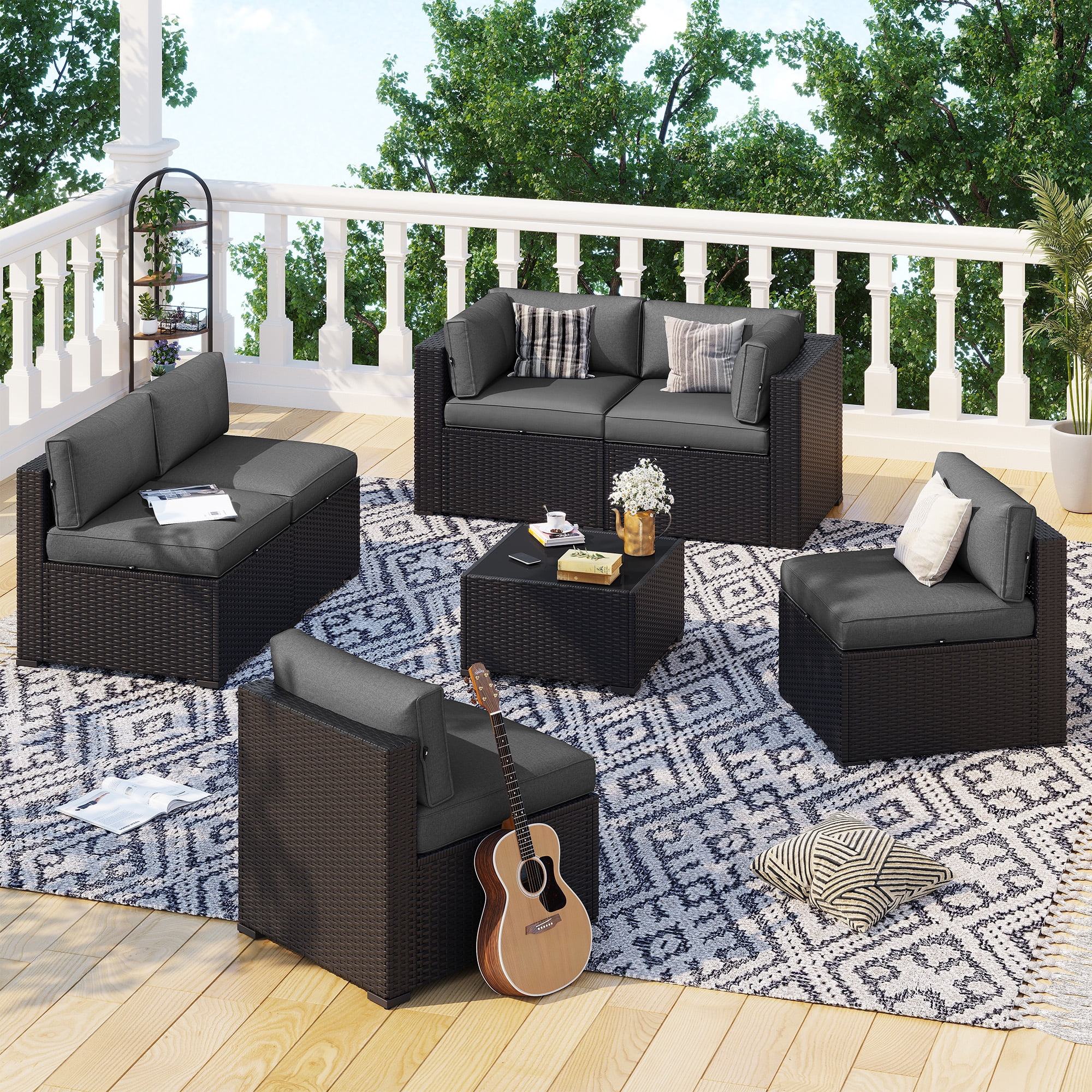 BaPiPro 7-Piece Outdoor Patio Furniture Set, Black Wicker Rattan Sectional Sofa with Dark Gray Cushions & Coffee Table, All-Weather for Backyard, Porch, Deck, Balcony