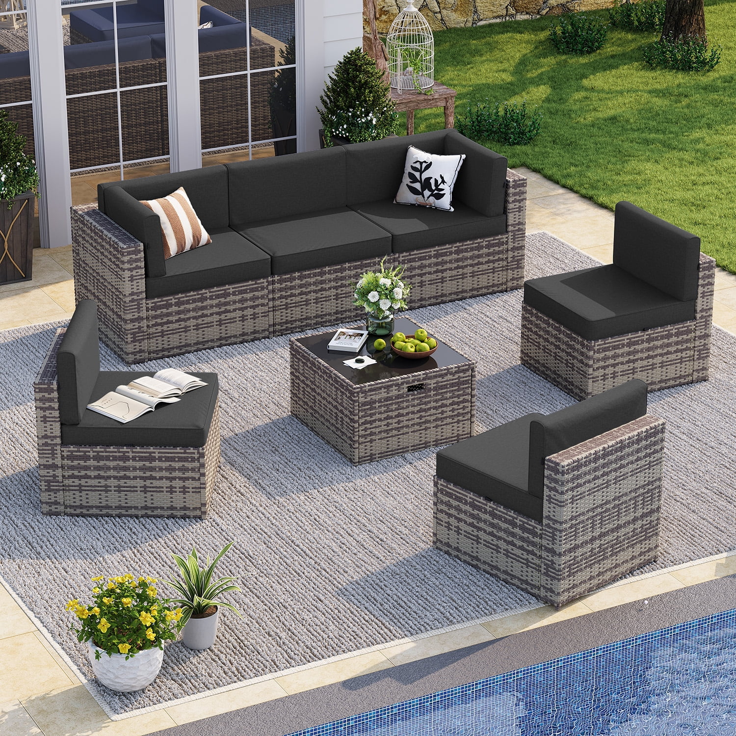 BaPiPro 7-Piece Outdoor Patio Furniture Set, Gray Wicker Rattan Sectional Sofa with Black Cushions & Coffee Table, All-Weather for Backyard, Porch, Deck, Balcony