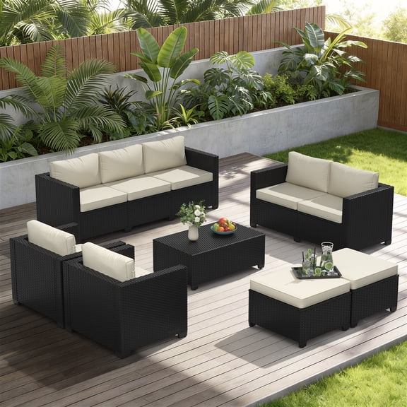BaPiPro 7-Piece Beige PE Rattan Outdoor Sectional Sofa Set, Patio Furniture with Storage Table, Convertible Ottomans & Weather Resistant Cushions for Backyard & Poolside
