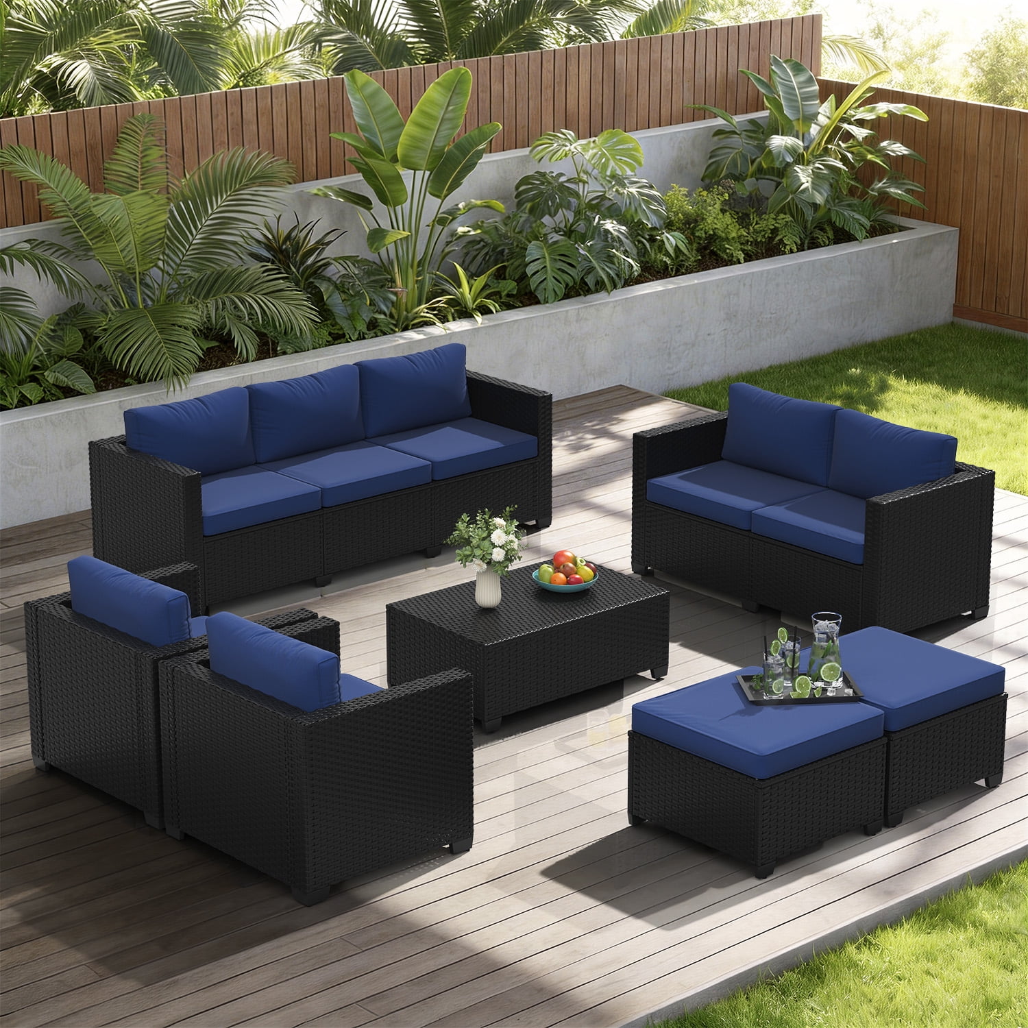 BaPiPro 7-Piece Blue PE Rattan Outdoor Sectional Sofa Set, Patio Furniture with Storage Table, Convertible Ottomans & Weather Resistant Cushions for Backyard & Poolside