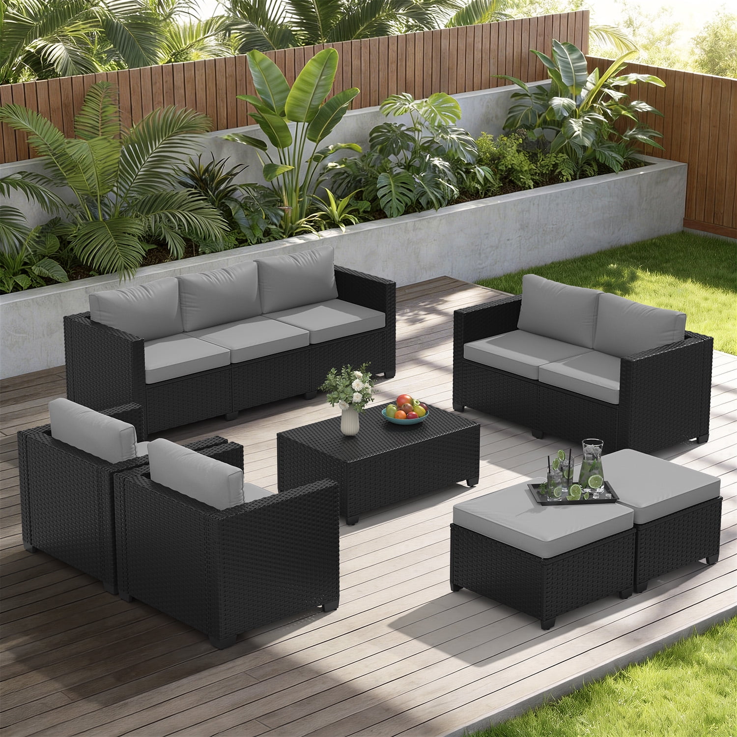 BaPiPro 7-Piece Gray PE Rattan Outdoor Sectional Sofa Set, Patio Furniture with Storage Table, Convertible Ottomans & Weather Resistant Cushions for Backyard & Poolside