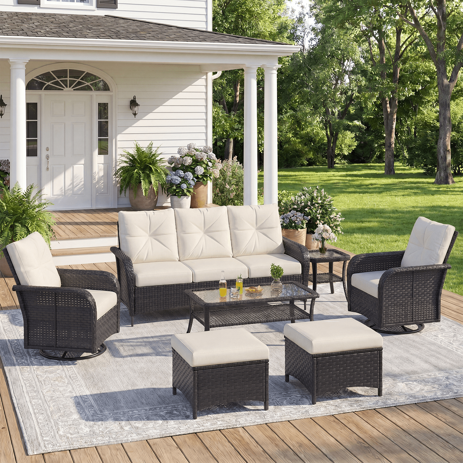 BaPiPro 7-Piece PE Wicker Patio Furniture Set with Swivel Chairs, Beige Cushions, Steel Frame & Glass Table, All-Weather for Patio, Garden & Poolside, Black Wicker